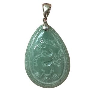 Vintage Sterling Silver Asian Carved Jade Reversible Pendant